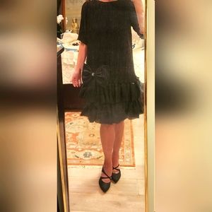 Vintage 80s Babydoll Dropwaist Bow Black Dress